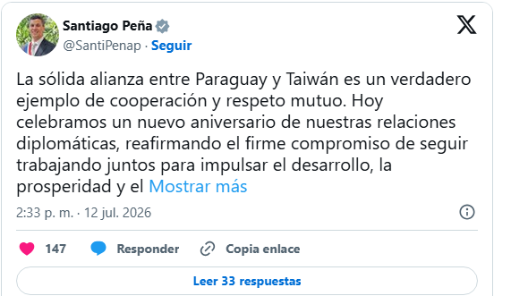 Paraguay celebra 69 años de amistad con Taiwán: “Es un verdadero ejemplo de cooperación” Paraguay celebra 69 años de amistad con Taiwán: “Es un verdadero ejemplo de cooperación”
