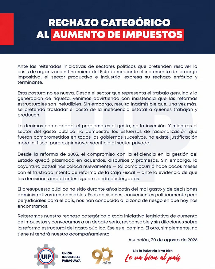 La UIP rechaza aumento de impuestos y afirma que “el problema es el gasto, no la inversión”