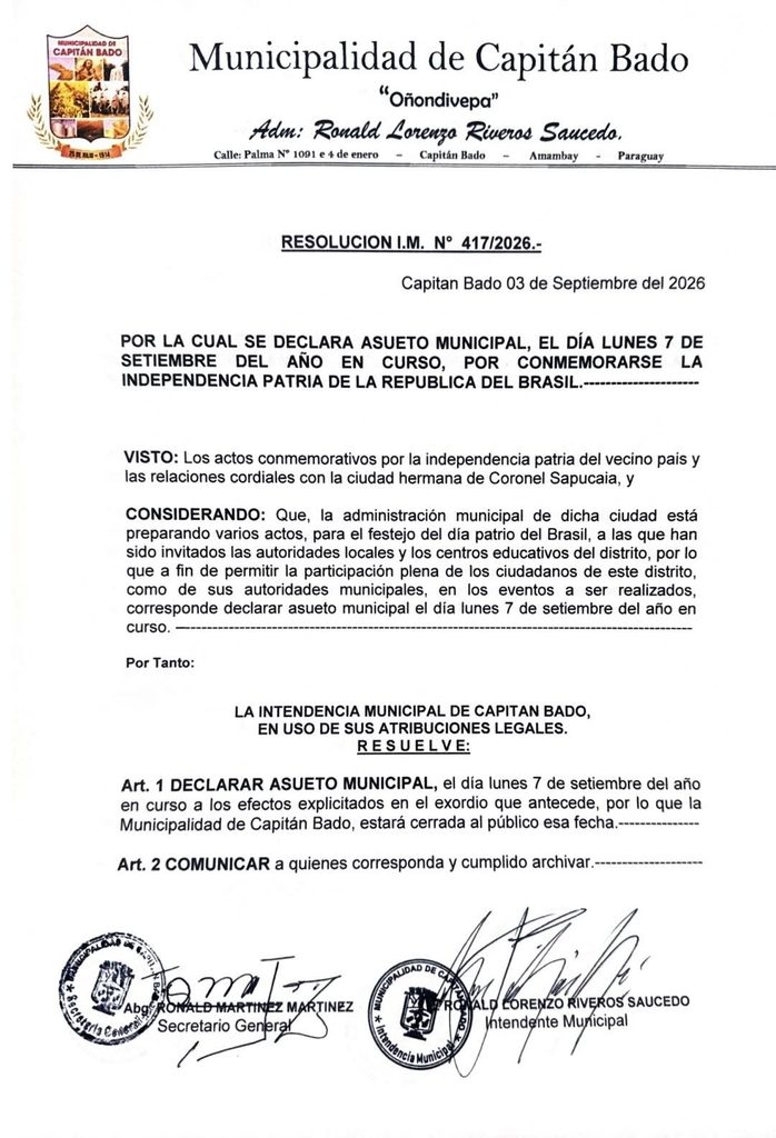 Municipalidad de Capitán Bado declaró asueto el lunes por Independencia de Brasil y generó polémica en redes Municipalidad de Capitán Bado declaró asueto el lunes por Independencia de Brasil y generó polémica en redes