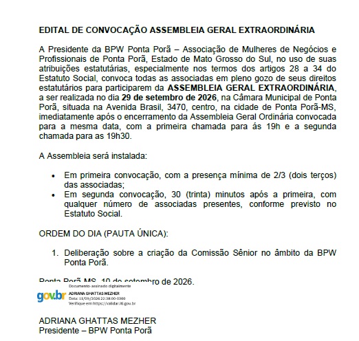 BPW Ponta Porã convoca para Assembleia Geral Ordinária no dia 29 de setembro
