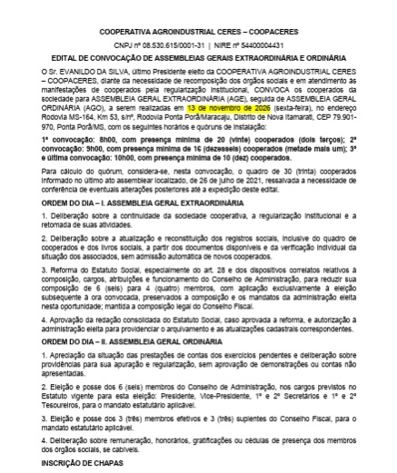 Cooperativa Agroindustrial Ceres convoca cooperados para assembleias no dia 13 de novembro em Nova Itamarati Cooperativa Agroindustrial Ceres convoca cooperados para assembleias no dia 13 de novembro em Nova Itamarati