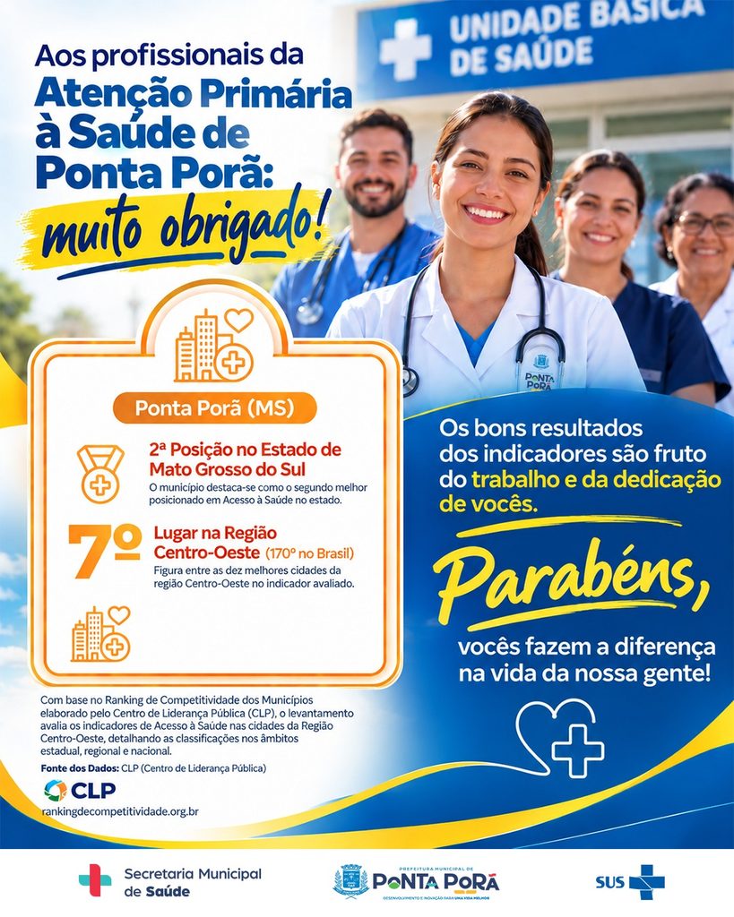Saúde de Ponta Porã é apontada como a 2ª melhor de MS em estudo do CLP Saúde de Ponta Porã é apontada como a 2ª melhor de MS em estudo do CLP