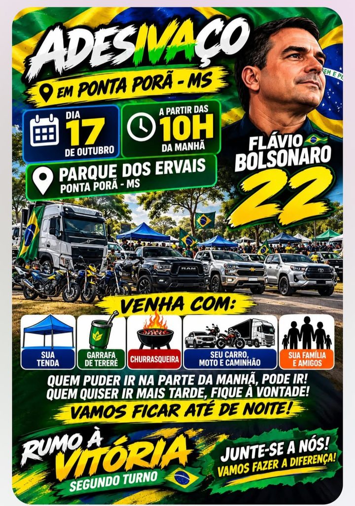 Apoiadores de Flávio Bolsonaro promovem adesivaço sábado (17) no Parque dos Ervais, em Ponta Porã