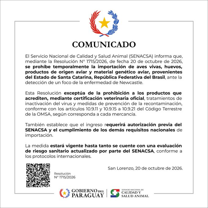 Senacsa suspende temporalmente la importación de aves y productos avícolas desde Brasil Senacsa suspende temporalmente la importación de aves y productos avícolas desde Brasil