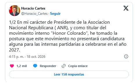 Horacio Cartes anuncia que Honor Colorado no presentará candidatura para internas del 2027 Horacio Cartes anuncia que Honor Colorado no presentará candidatura para internas del 2027
