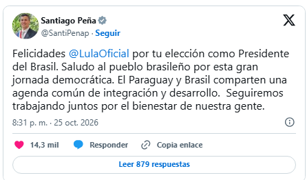 Santiago Peña felicitó a Lula Da Silva, reelecto presidente de Brasil Santiago Peña felicitó a Lula Da Silva, reelecto presidente de Brasil
