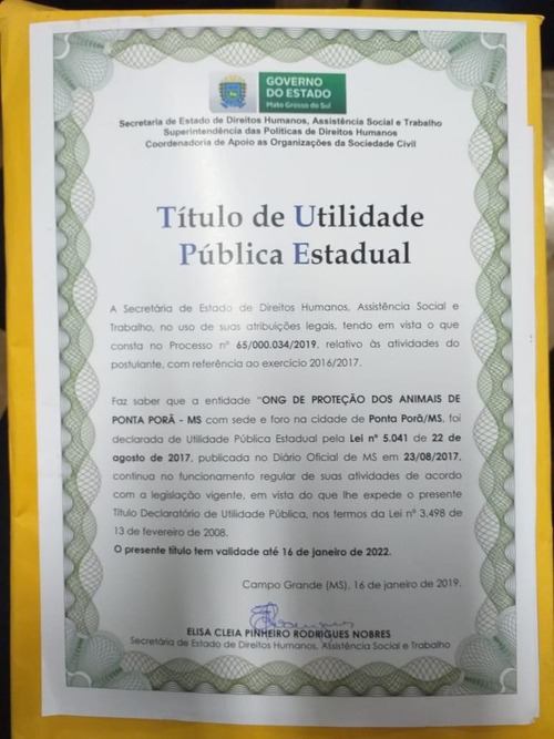 ONG Irmandade das Patinhas de Ponta Porã recebe Título de Utilidade Pública Estadual