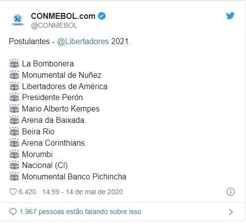 Quatro estádios do país brigam para receber final da Libertadores 2021