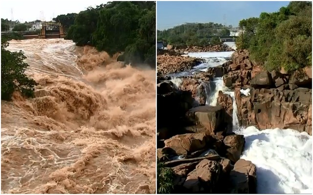 À esquerda, Rio Tietê após o temporal na madrugada de segunda-feira (10); à direita, o registro do rio em agosto de 2019 — Foto: Reprodução